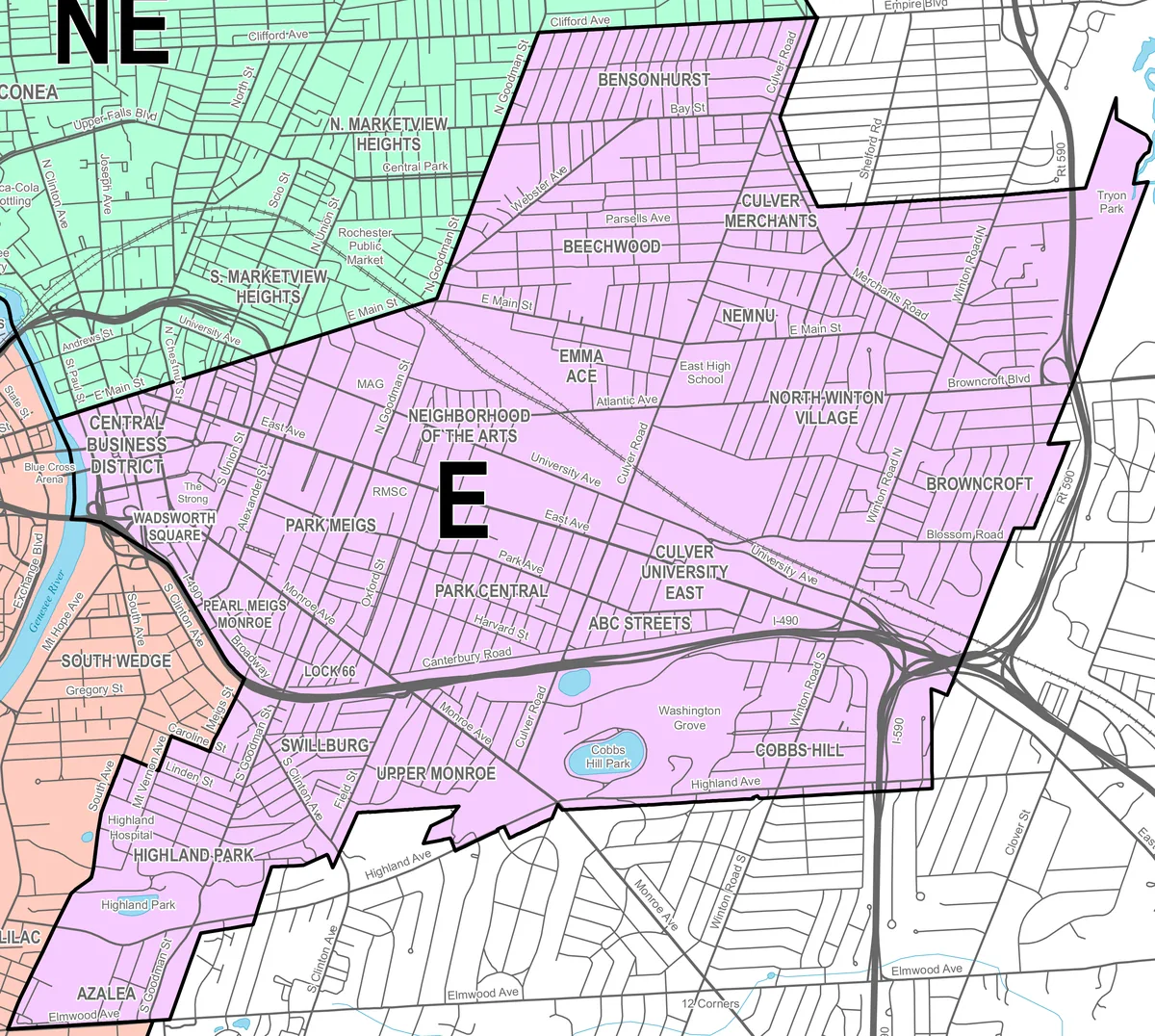 City of Rochester map of the East District with its streets and neighborhoods, from Bensonhurst and Culver Merchants in the north to Highland Park and Azalea in the south